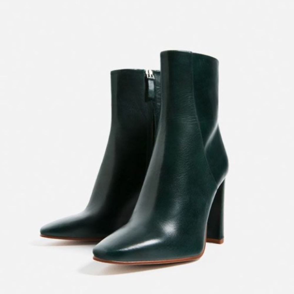 Zara Dark Green Genuine Leather Heeled Retro Minimalist Modern Cute Ankle Bootie - Picture 2 of 16